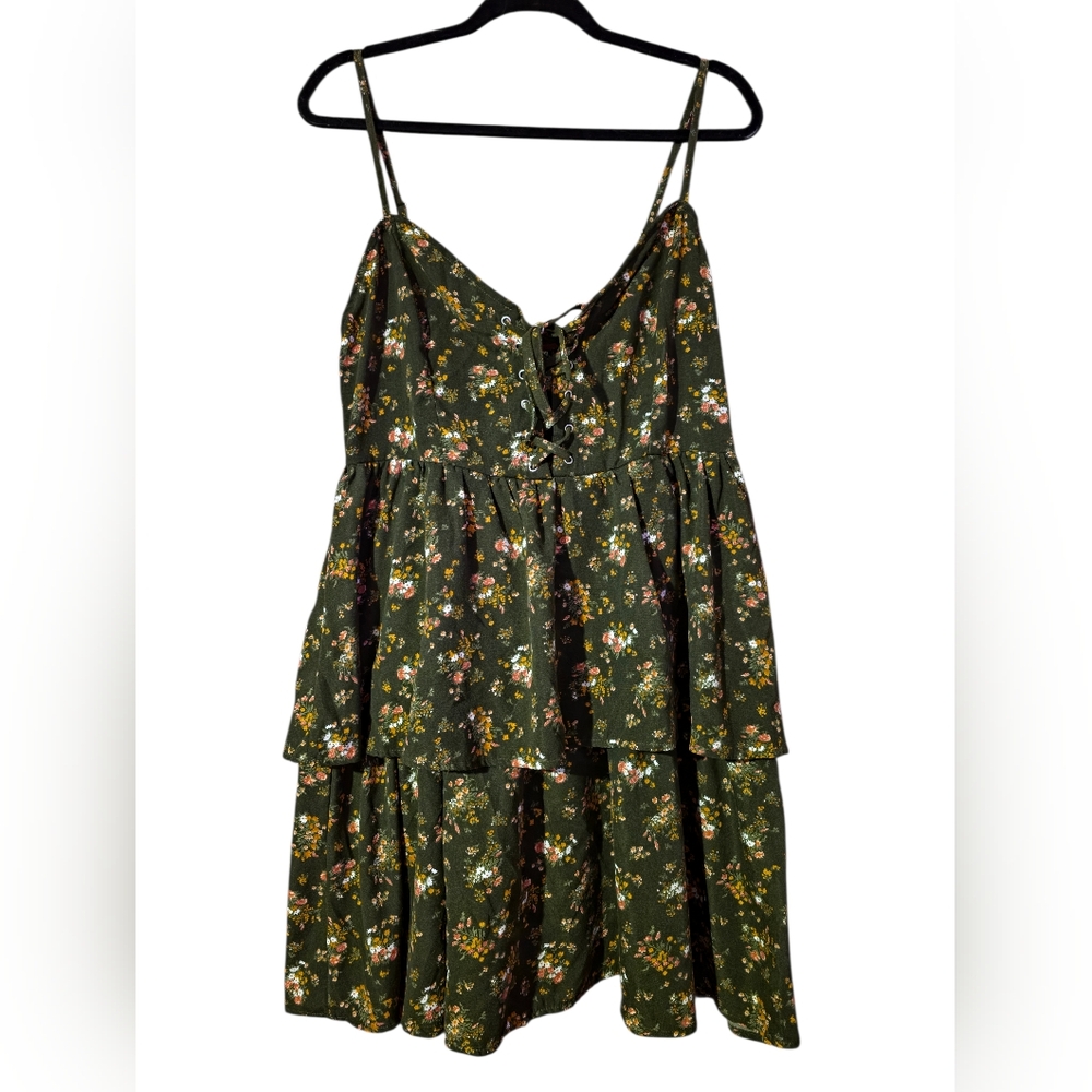 Floral Tiered Mini Dress 0XL Cottagecore Boho Lace-Up Sundress